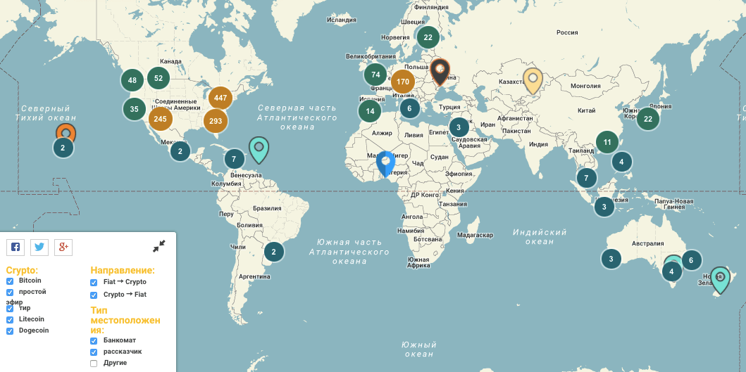 Карта биткоин-банкоматов в Мире